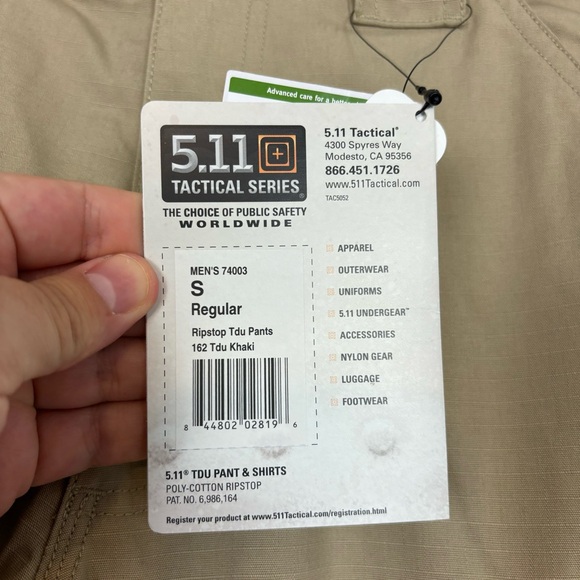 NWT 5.11 TACTICAL RIPSTOP TDU KHAKI CARGO PANTS MENS 74003 SIZE SMALL REGULAR - Picture 10 of 12